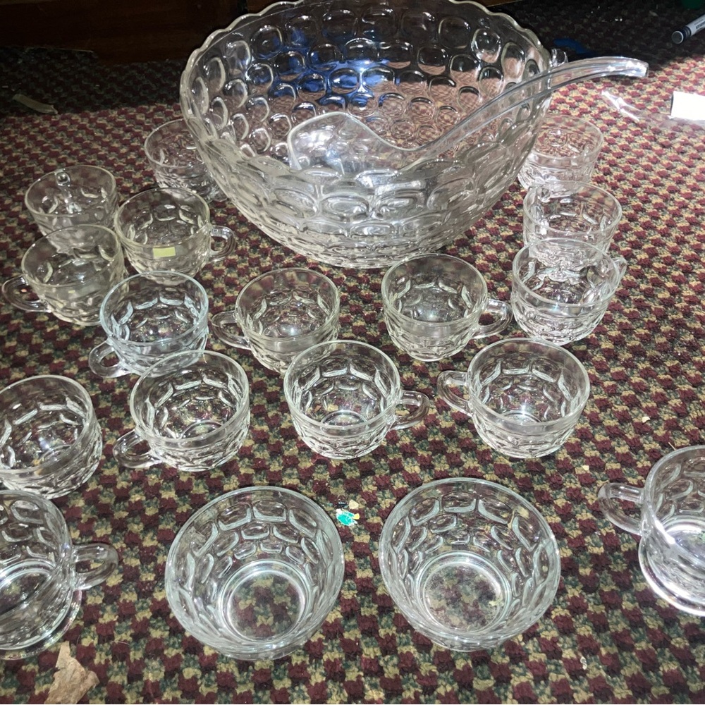 Elegant Clear Glass Punch Bowl Set thumbprint pattern